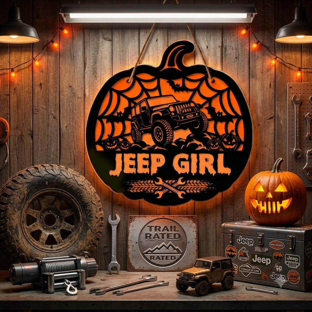 Jeep Girl Pumpkin Luminous Wooden Sign