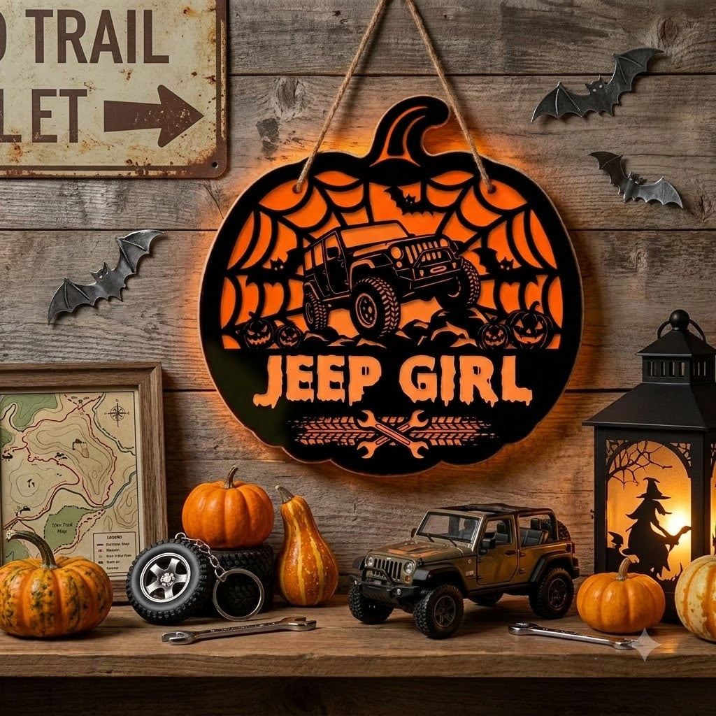 Jeep Girl Pumpkin Luminous Wooden Sign