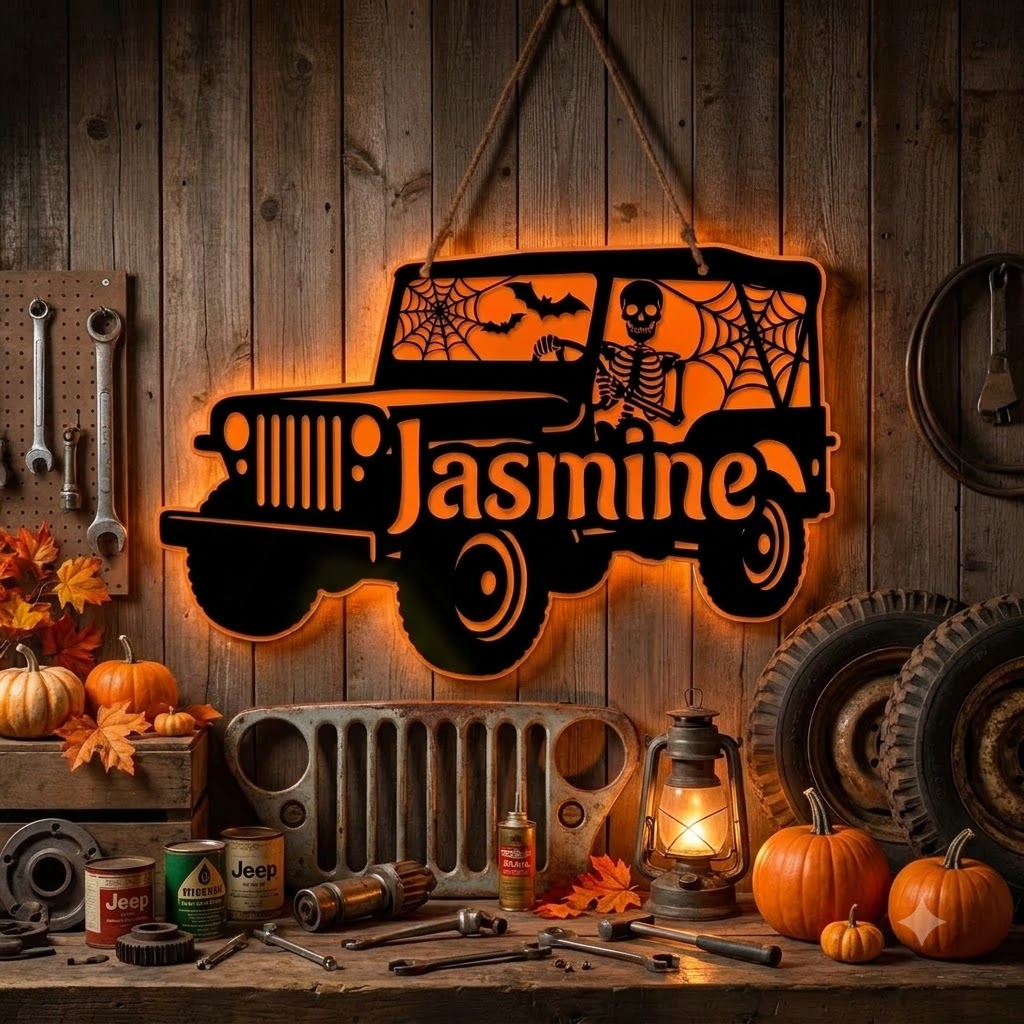 Jeep Skeleton Personalized Luminous Wooden Sign