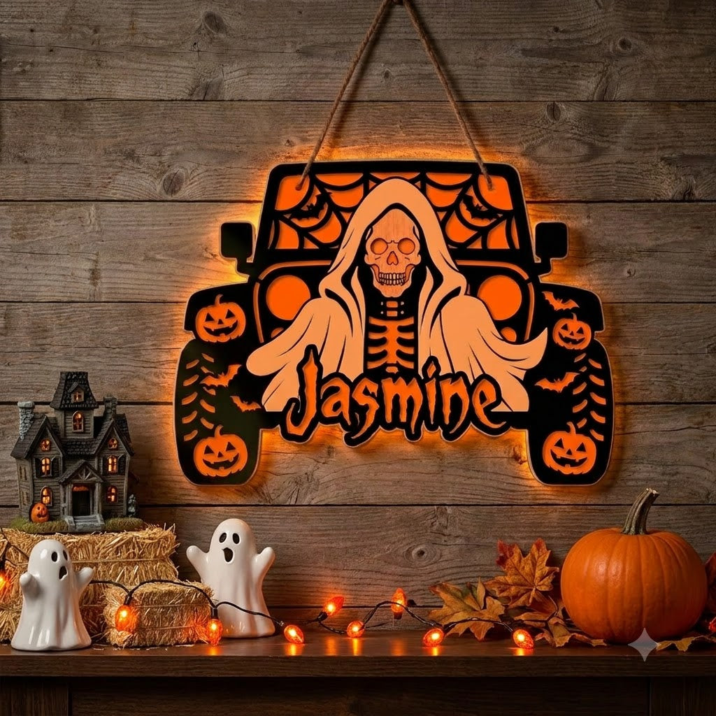 Jeep Skull Personalized Luminous Wooden Sign