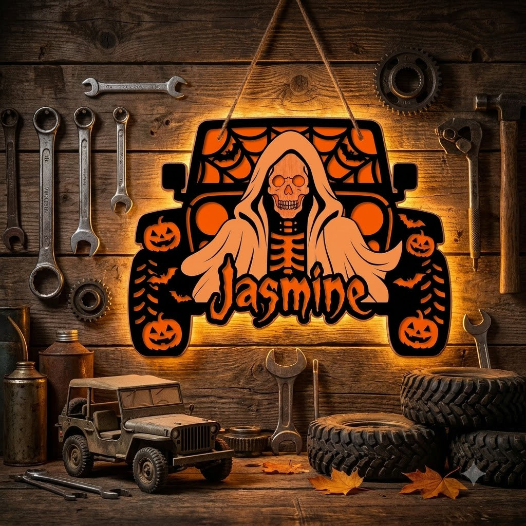Jeep Skull Personalized Luminous Wooden Sign