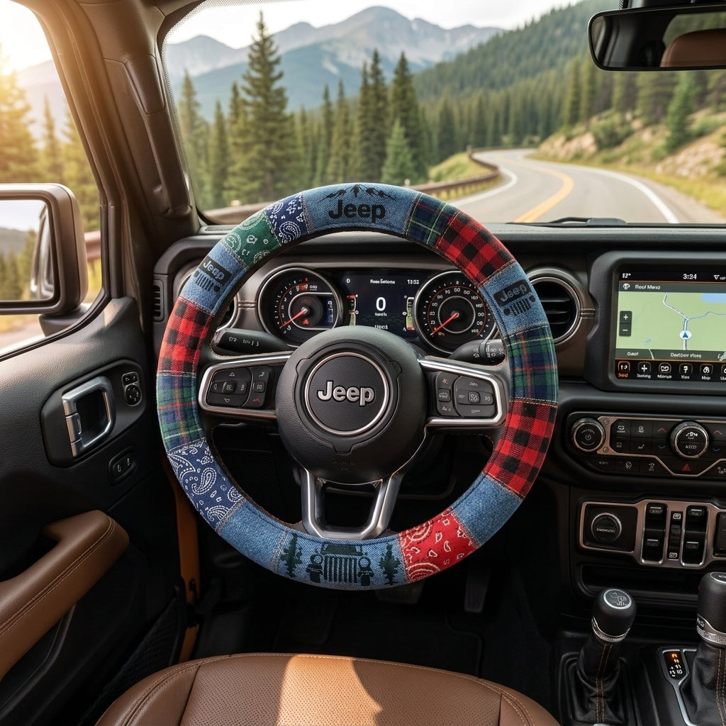 Rustic Plaid, Denim & Outdoor Adventure Design Steering Wheel Cover