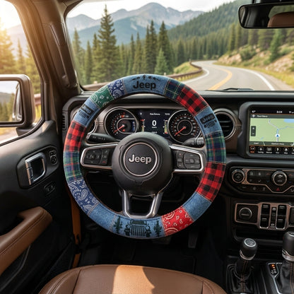 Rustic Plaid, Denim & Outdoor Adventure Design Steering Wheel Cover