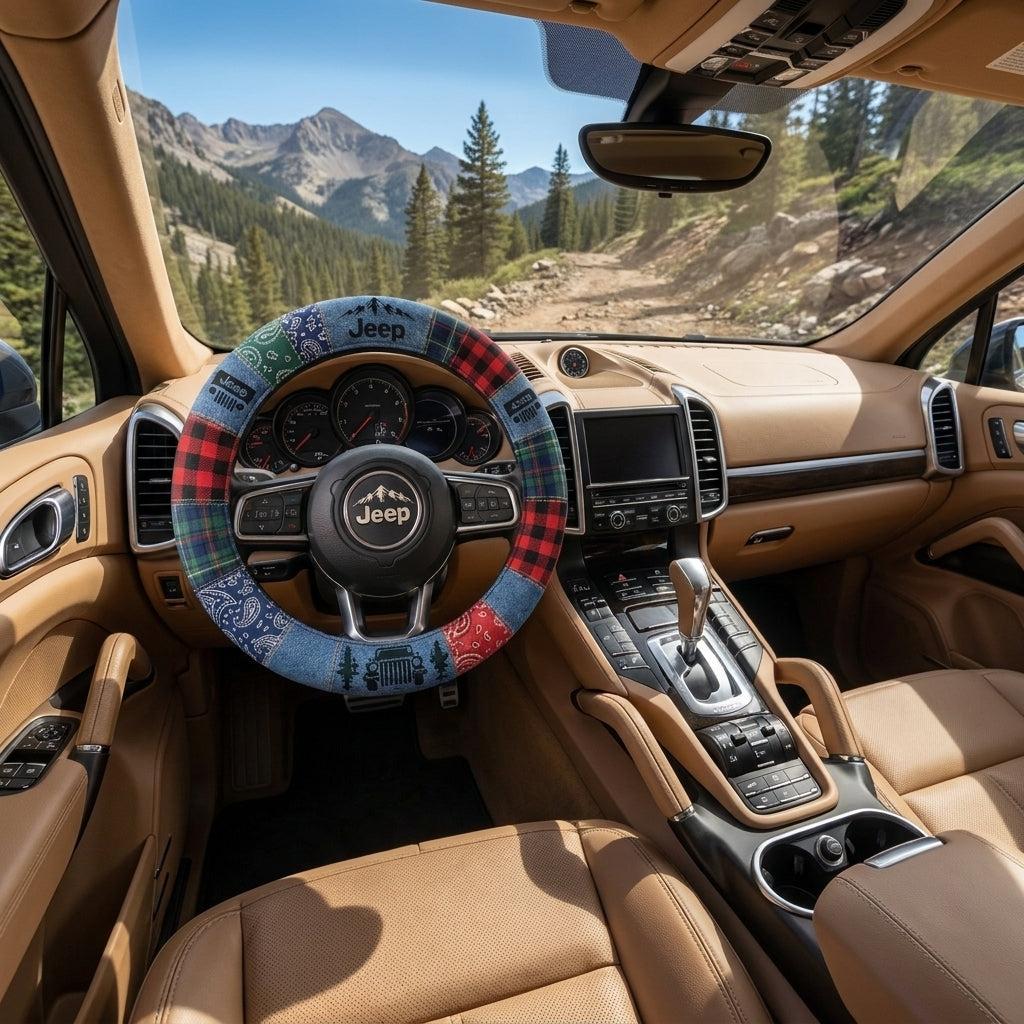 Rustic Plaid, Denim & Outdoor Adventure Design Steering Wheel Cover