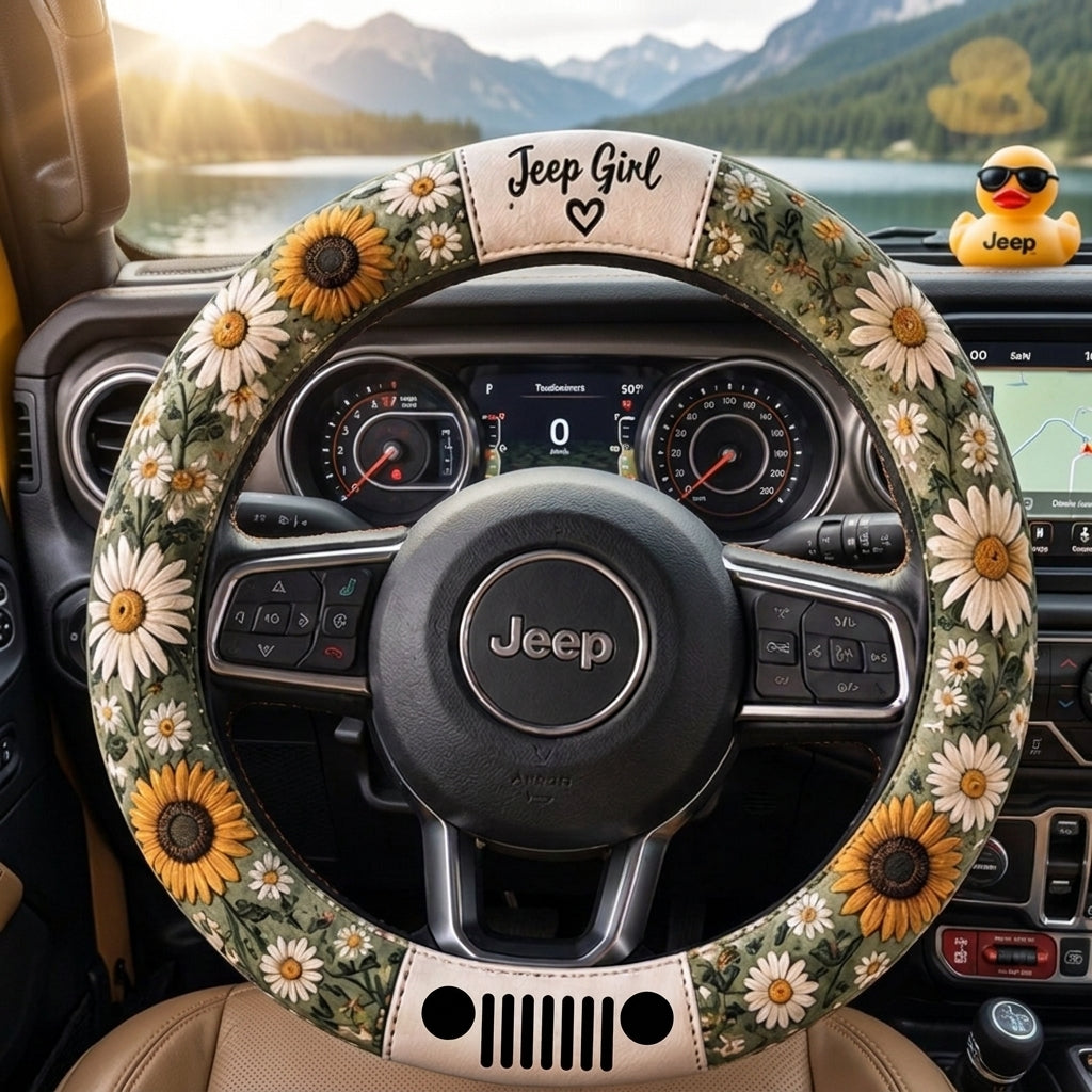 Sunflower & Daisy Floral Boho Design Steering Wheel Cover