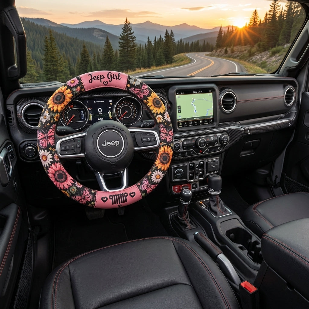 Jeep Girl Sunflower Pink Vibe Steering Wheel Cover