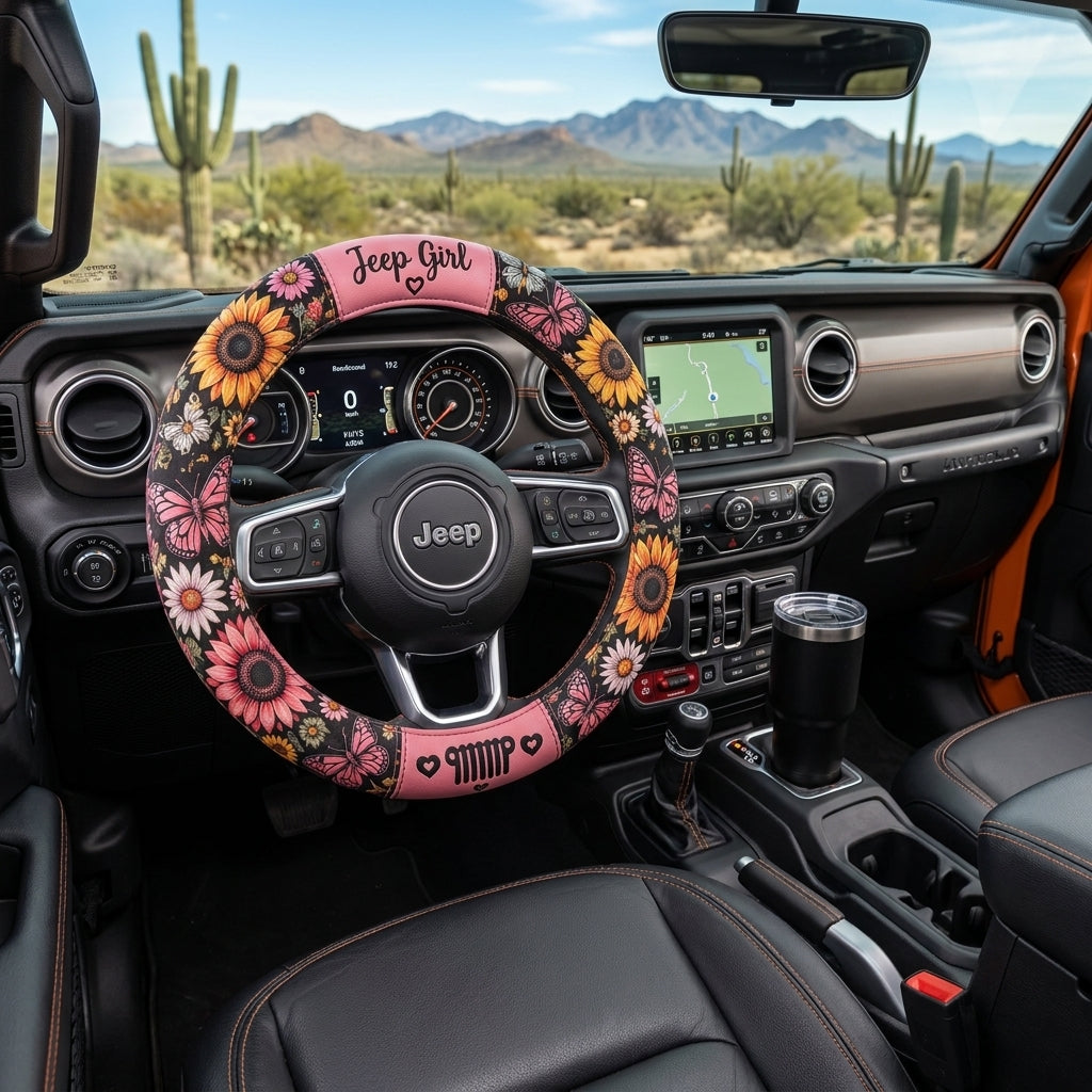 Jeep Girl Sunflower Pink Vibe Steering Wheel Cover