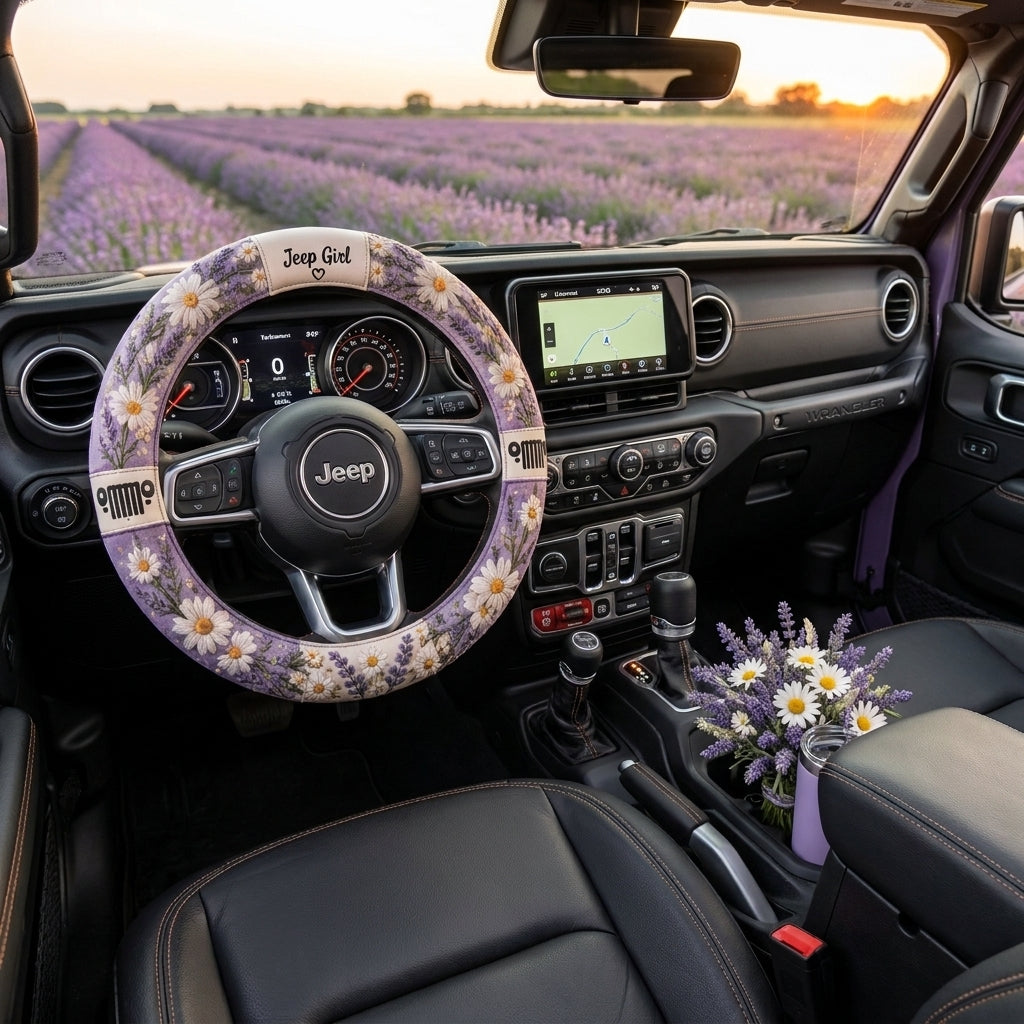 Jeep Girl Daisy & Lavender Floral Steering Wheel Cover