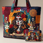 Love Never Dies Rose Skull Lady Personalized Quilted Tote Bag & Free-Motion Embroidery Wallet Set