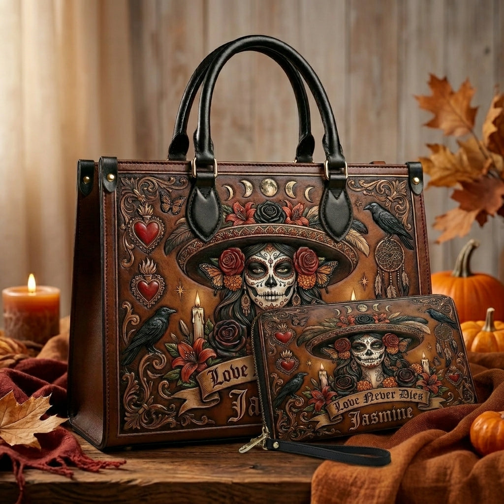 Love Never Dies Skull Girl Personalized Leather Bag + Free Wallet