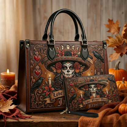 Love Never Dies Skull Girl Personalized Leather Bag + Free Wallet