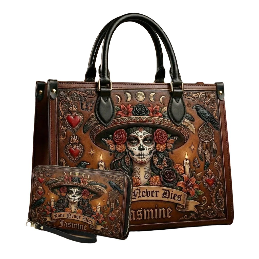 Love Never Dies Skull Girl Personalized Leather Bag + Free Wallet