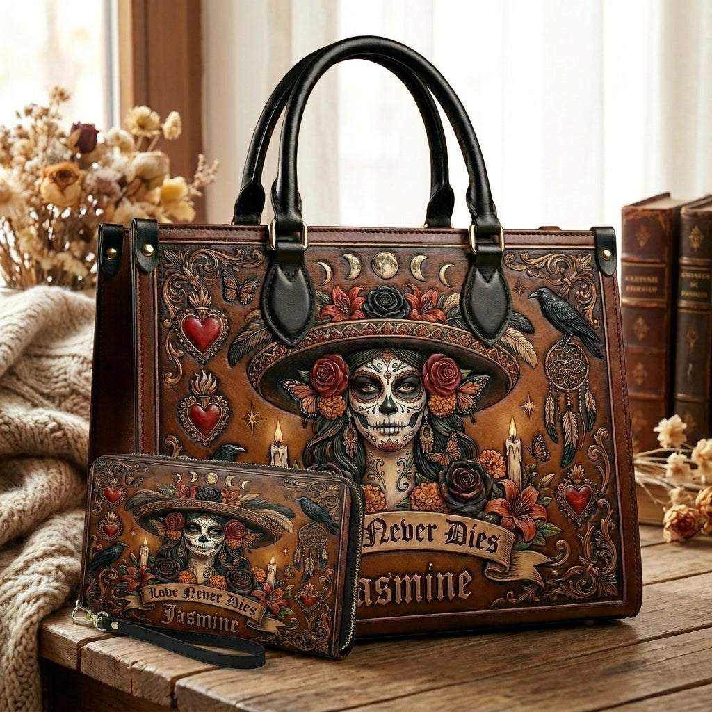 Love Never Dies Skull Girl Personalized Leather Bag + Free Wallet