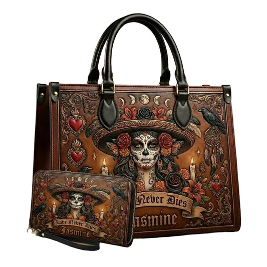 Love Never Dies Skull Girl Personalized Leather Bag + Free Wallet