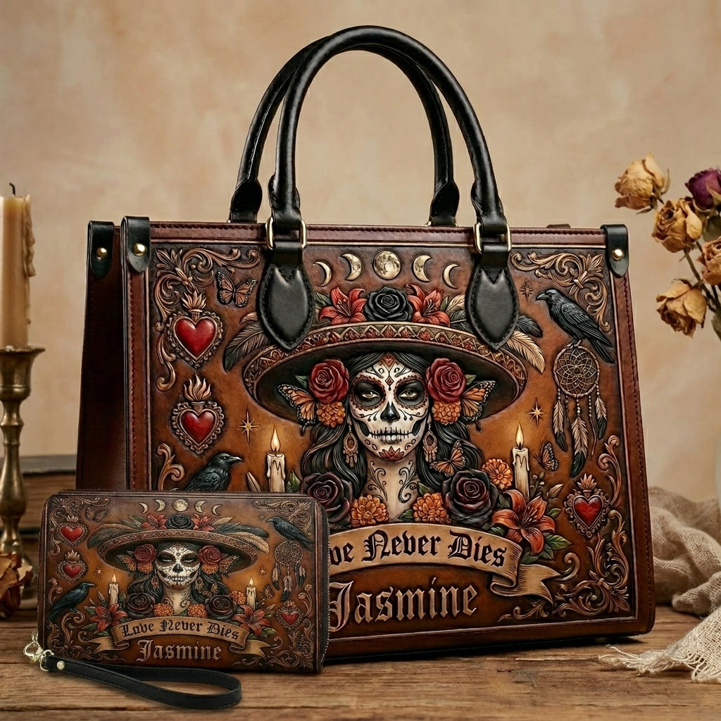 Love Never Dies Skull Girl Personalized Leather Bag + Free Wallet