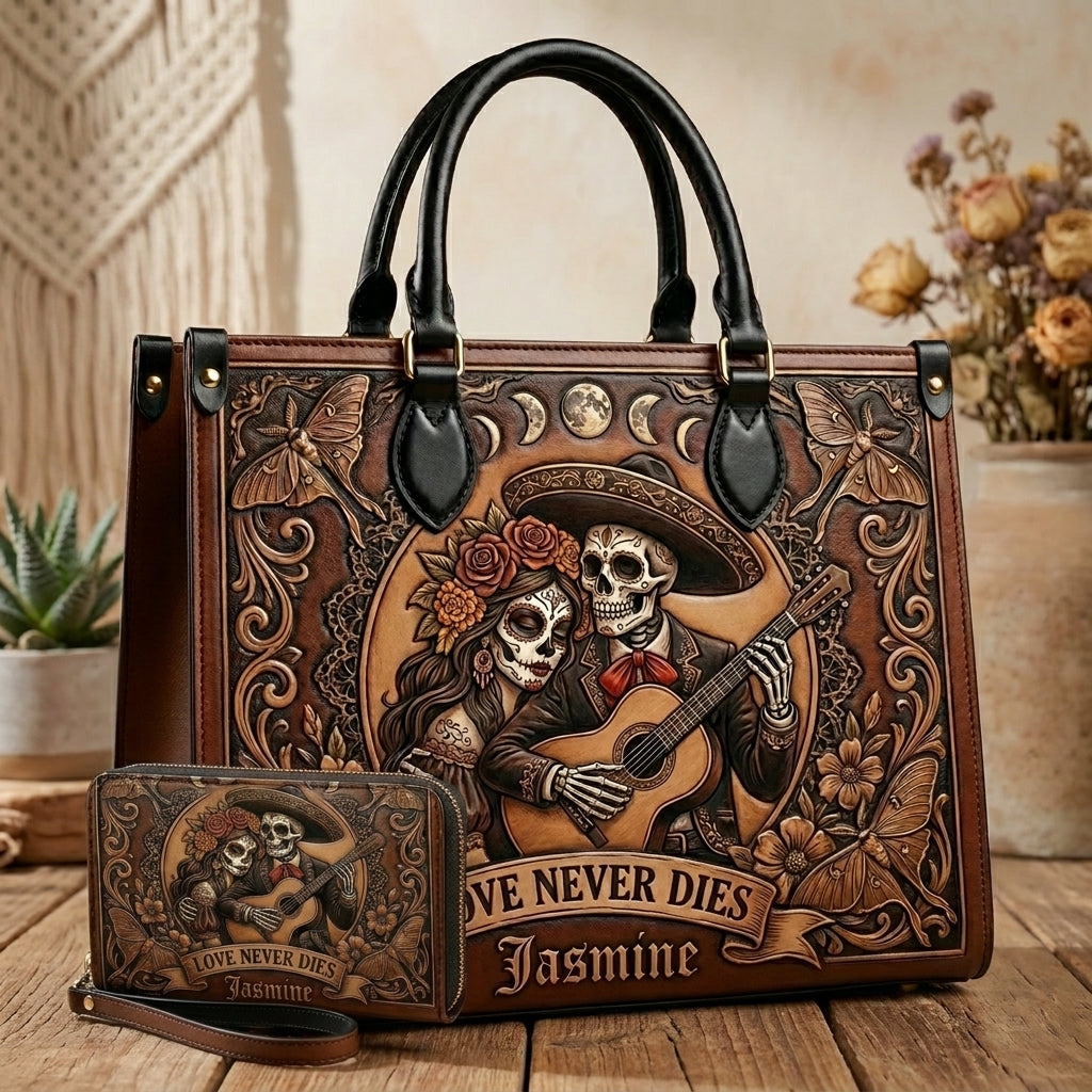 Love Never Dies Skull Couple Personalized Leather Bag + Free Wallet