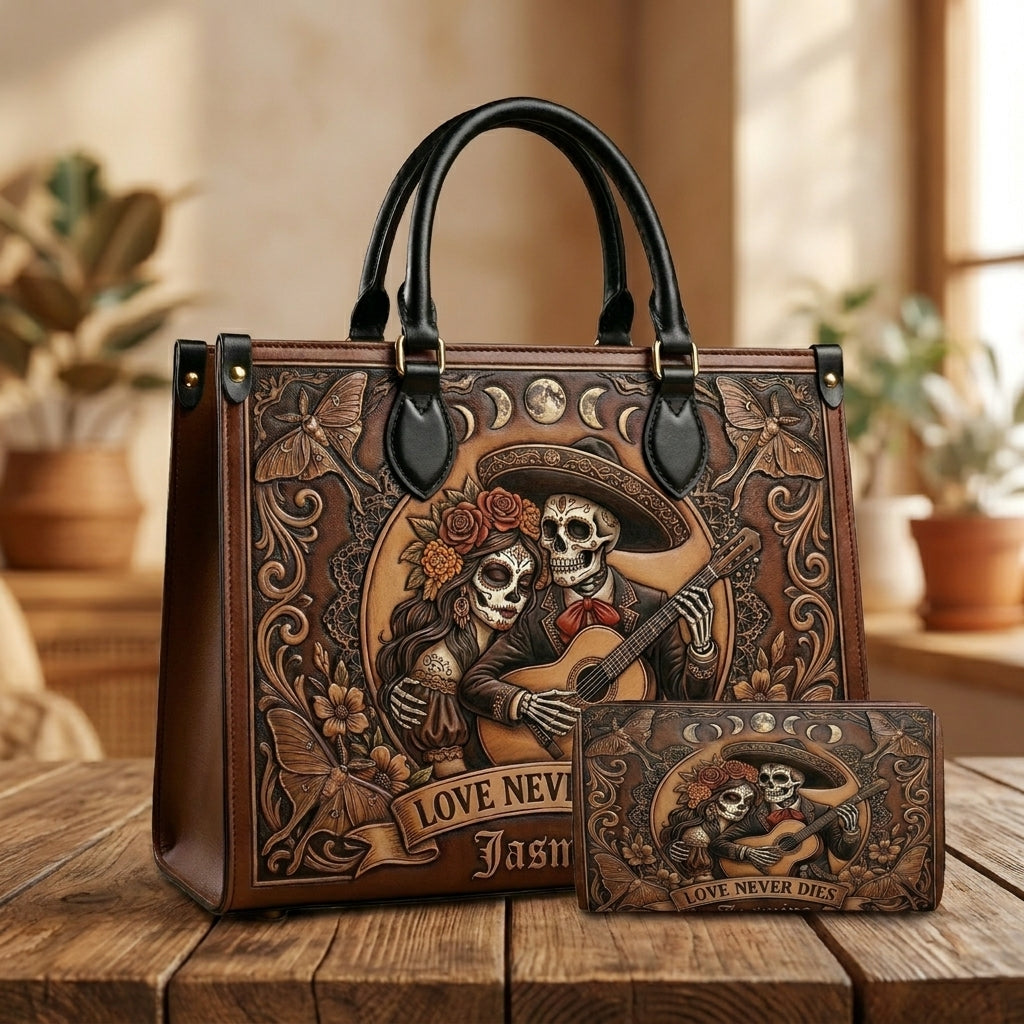 Love Never Dies Skull Couple Personalized Leather Bag + Free Wallet