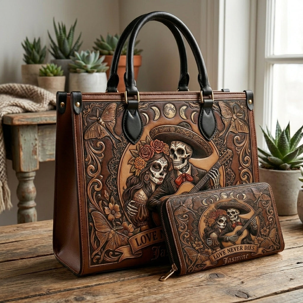 Love Never Dies Skull Couple Personalized Leather Bag + Free Wallet
