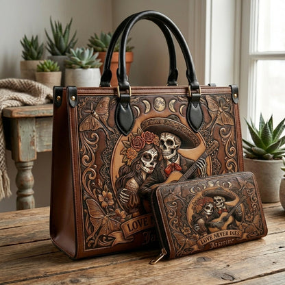 Love Never Dies Skull Couple Personalized Leather Bag + Free Wallet