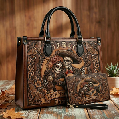 Love Never Dies Skull Couple Personalized Leather Bag + Free Wallet