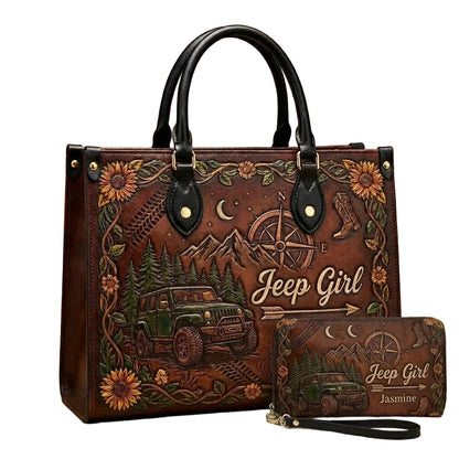 Jeep Girl Sunflower Personalized Leather Bag + Free Wallet
