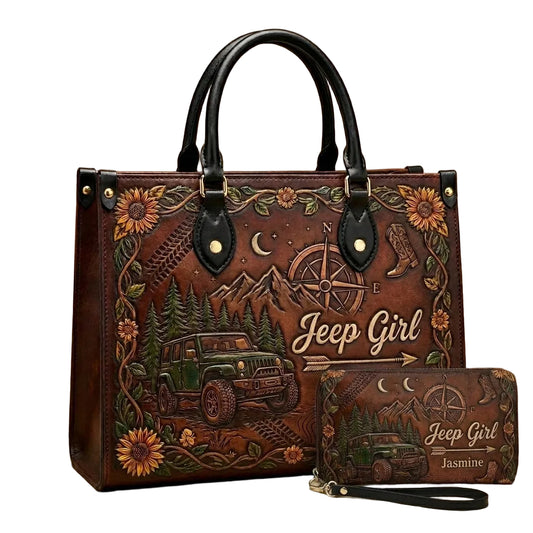 Jeep Girl Sunflower Personalized Leather Bag + Free Wallet