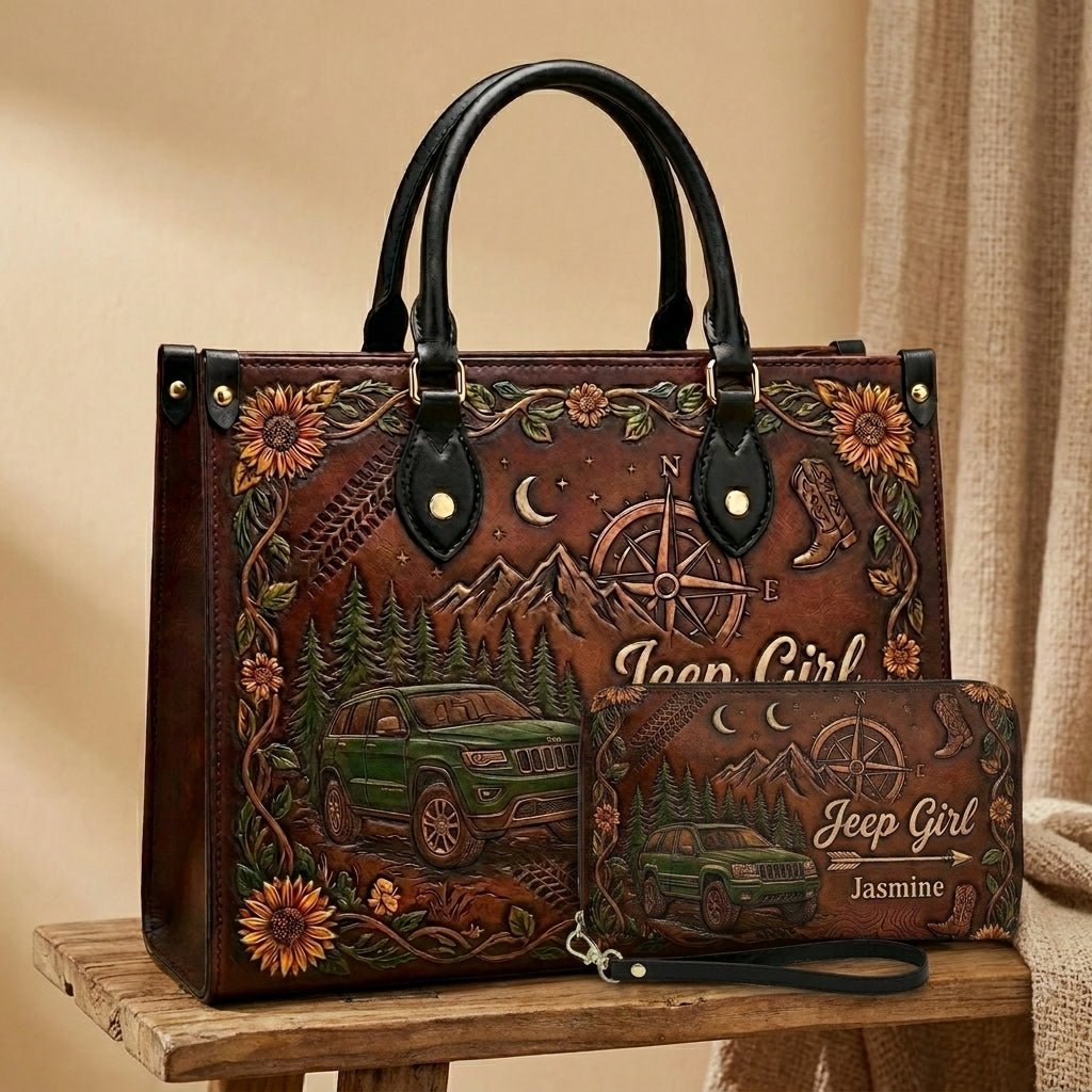 Jeep Girl Sunflower Personalized Leather Bag + Free Wallet