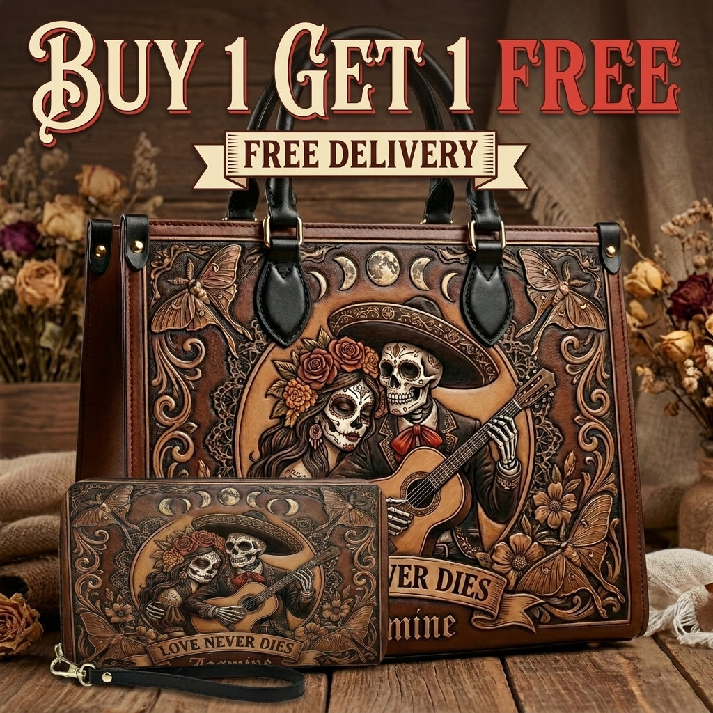 Love Never Dies Skull Couple Personalized Leather Bag + Free Wallet
