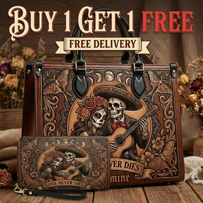 Love Never Dies Skull Couple Personalized Leather Bag + Free Wallet