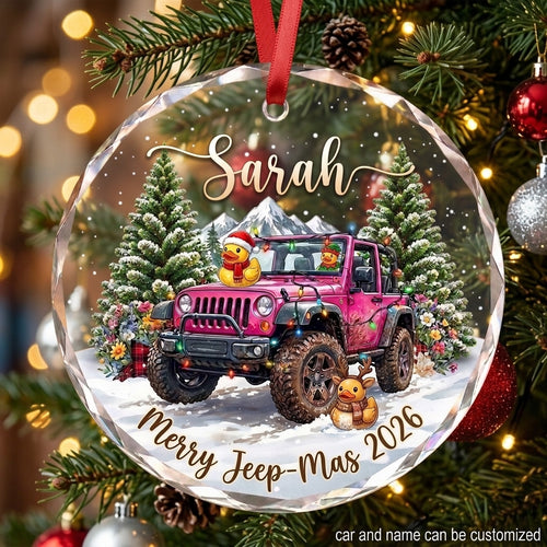 Pink Jeep Christmas Wonderland Glass Ornament