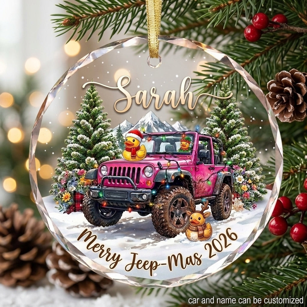 Pink Jeep Christmas Wonderland Glass Ornament
