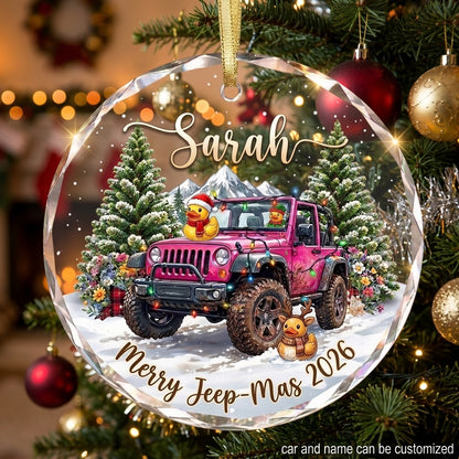 Pink Jeep Christmas Wonderland Glass Ornament