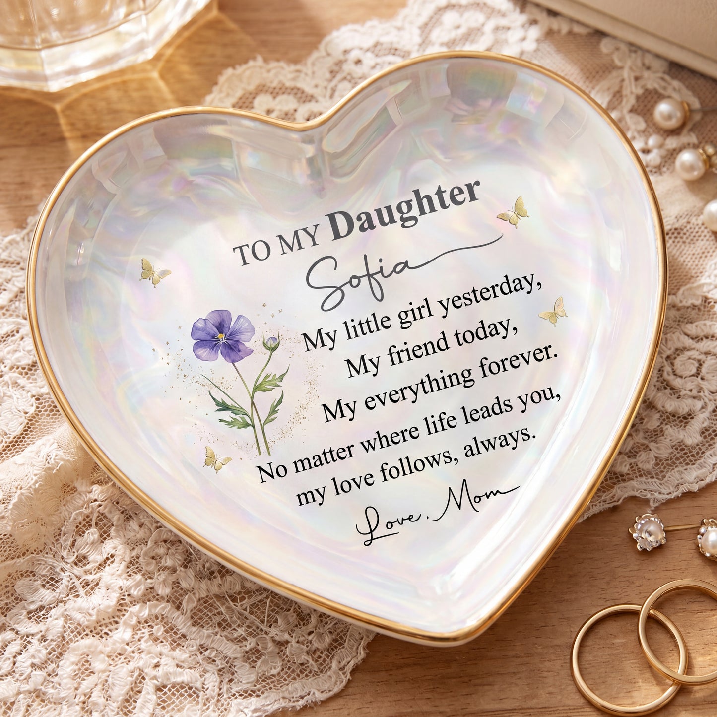 To My Daughter Personalized Heart Shaped Ceramic Ring Dish