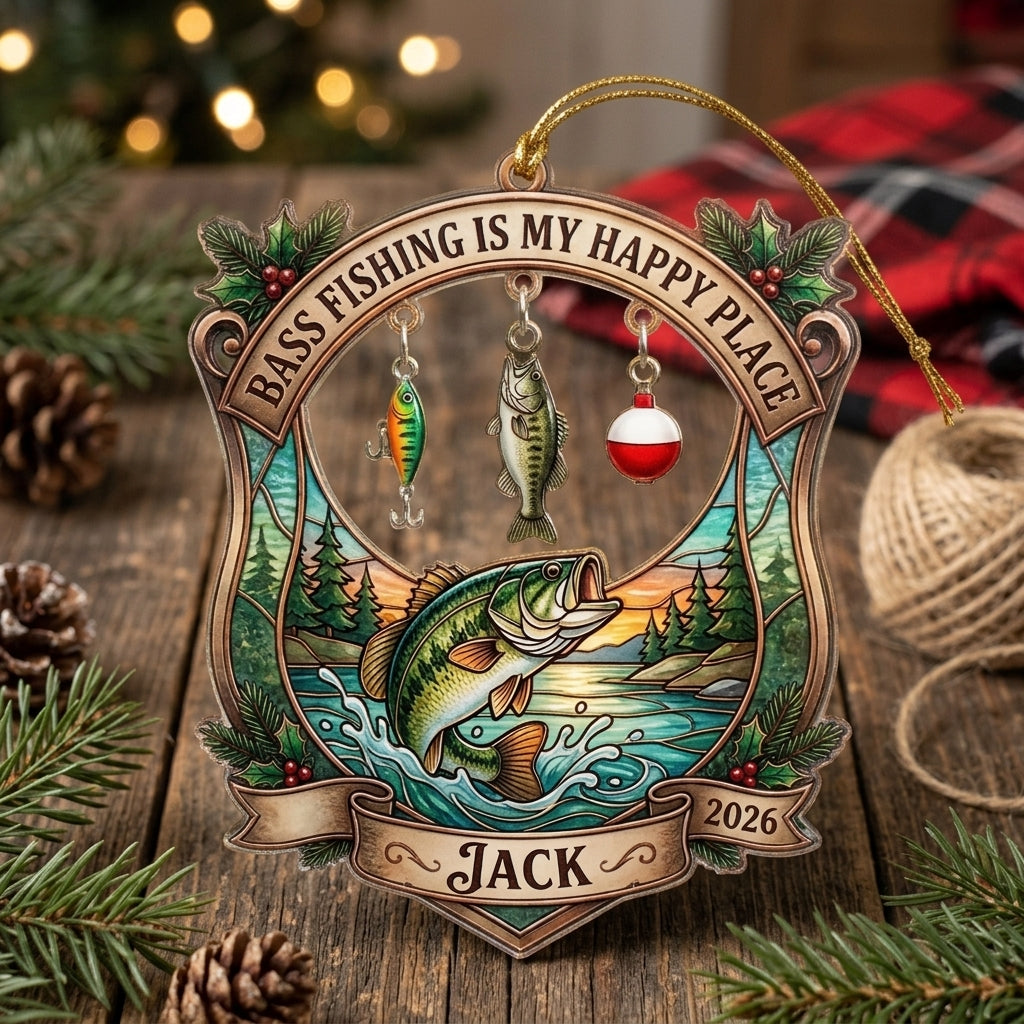 Bass Fishing Is My Happy Place Personalized Christmas Ornament