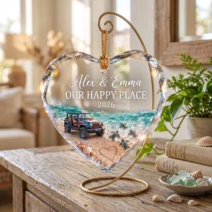Jeep Our Happy Place Personalized Heart Glass Ornament