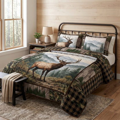 Majestic Elk Mountain Forest Quilted Bedding Set