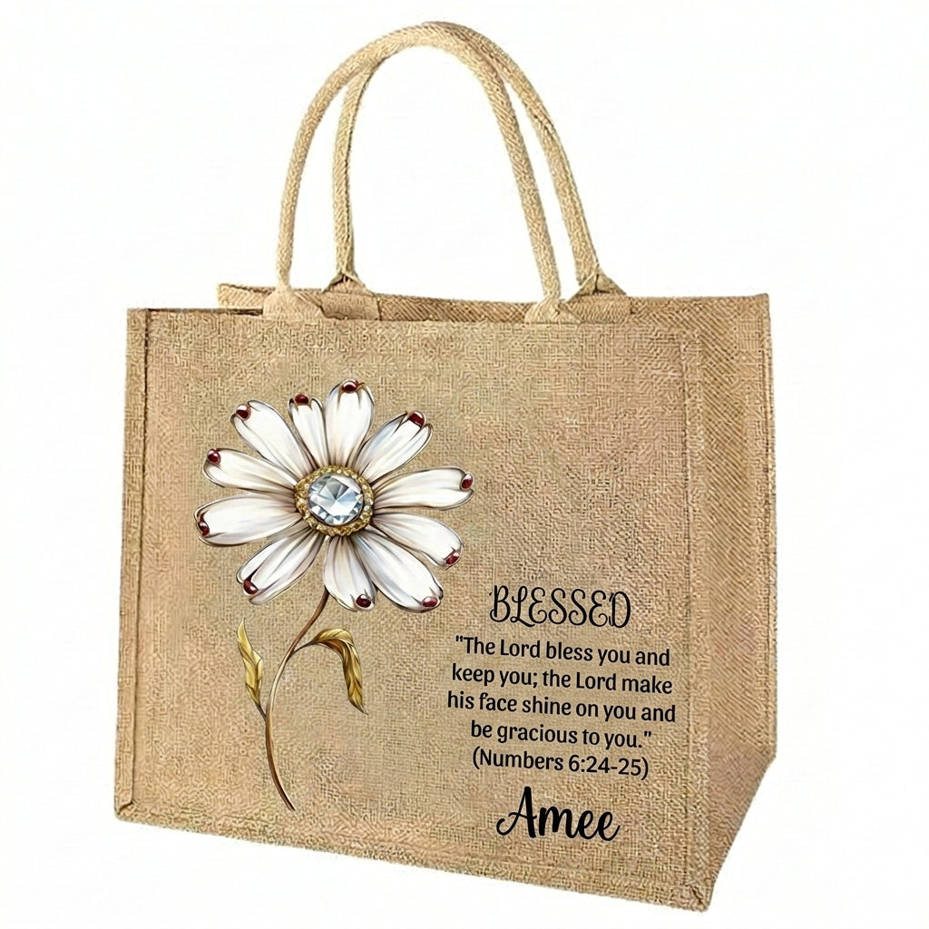 [Free delivery] Birth Month Flower Bible Verse Personalized Jute Tote Bag