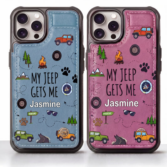 My Jeep Gets Me  Personalized Leather Flip Wallet Phone
