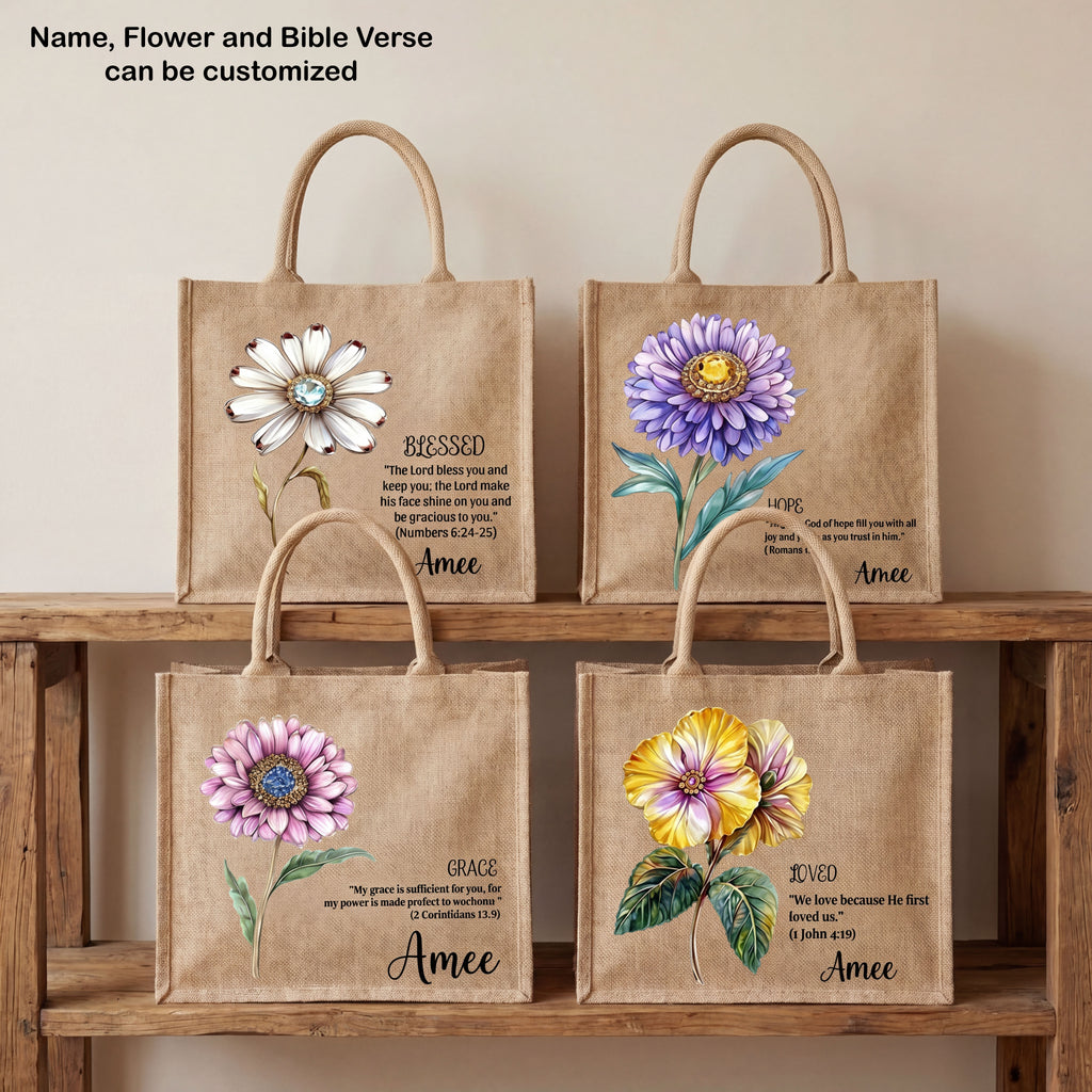 [Free delivery] Birth Month Flower Bible Verse Personalized Jute Tote Bag