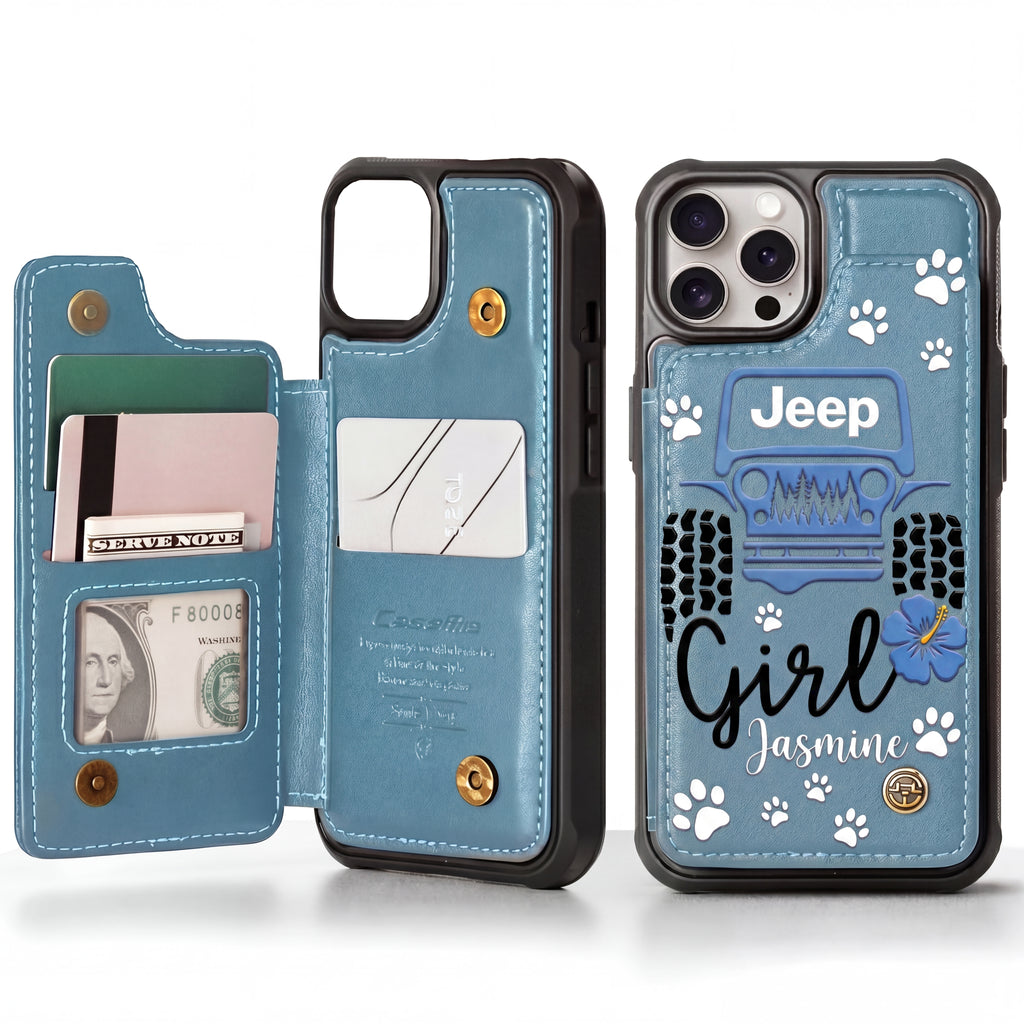 Jeep Girl Paw Personalized Leather Flip Wallet Phone