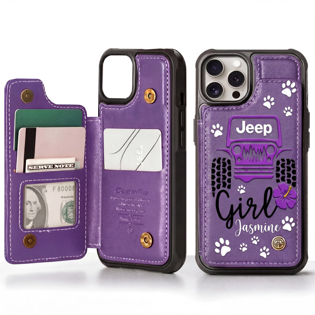 Jeep Girl Paw Personalized Leather Flip Wallet Phone
