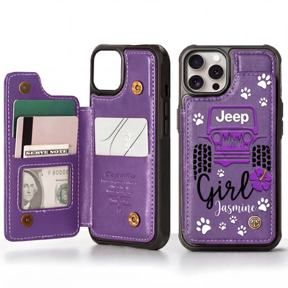 Jeep Girl Paw Personalized Leather Flip Wallet Phone