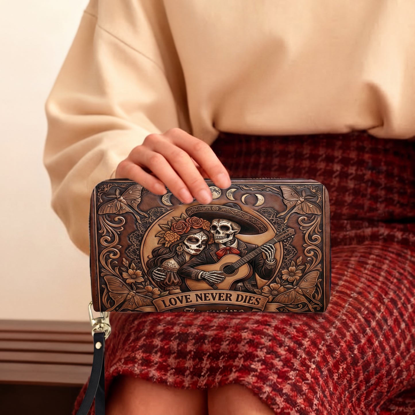 Love Never Dies Skull Couple Personalized Leather Bag + Free Wallet