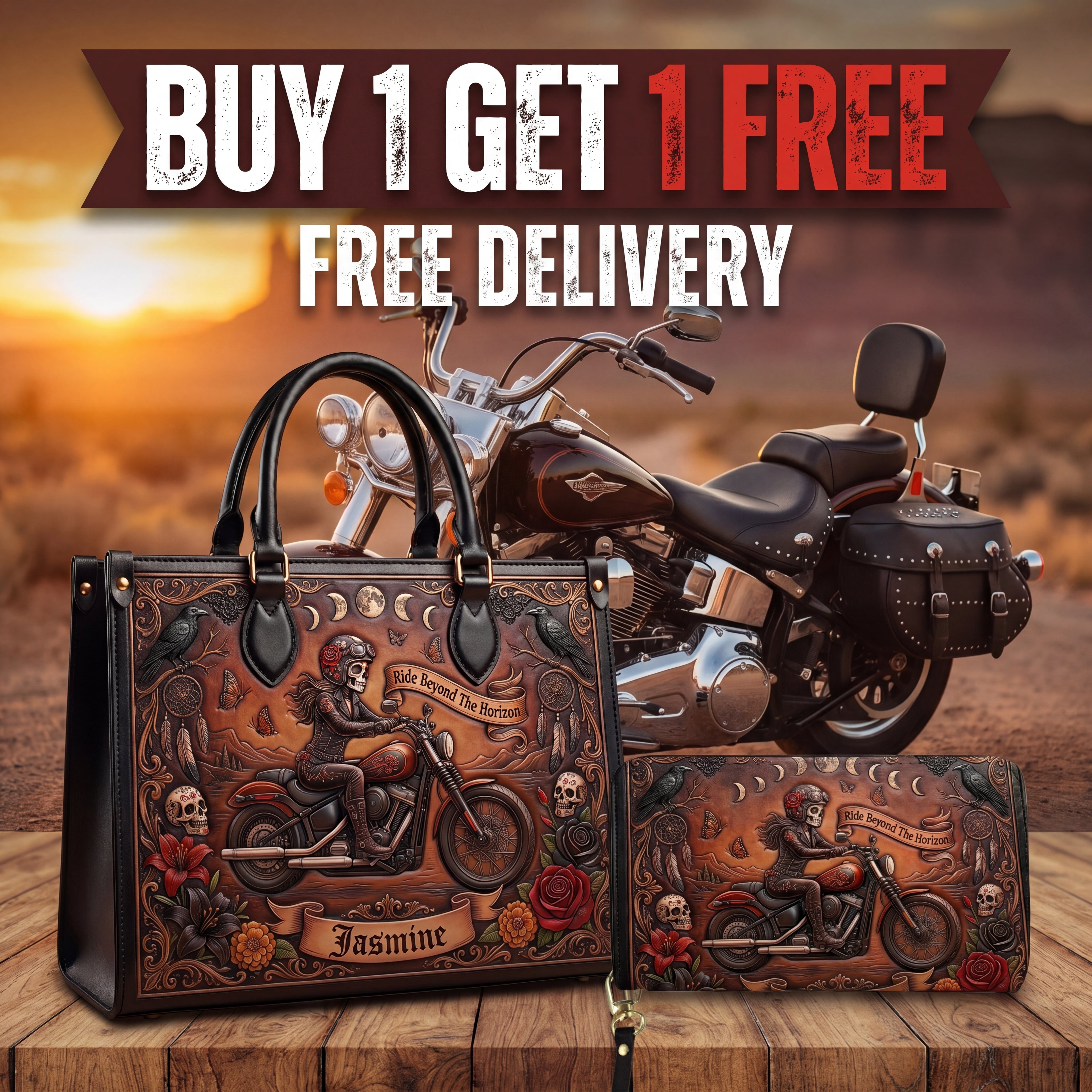 Ride Beyond The Horizon Personalized Leather Bag + Free Wallet