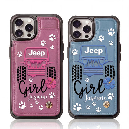 Jeep Girl Paw Personalized Leather Flip Wallet Phone