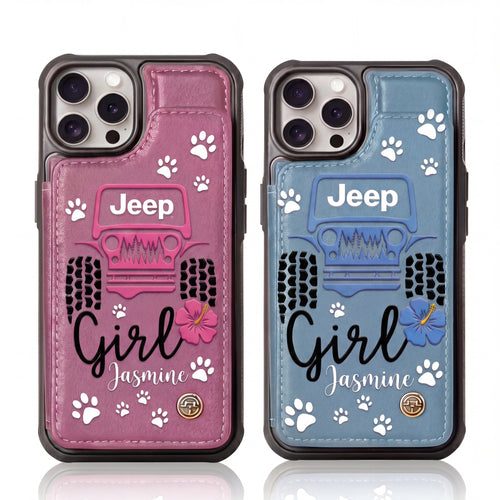 Jeep Girl Paw Personalized Leather Flip Wallet Phone