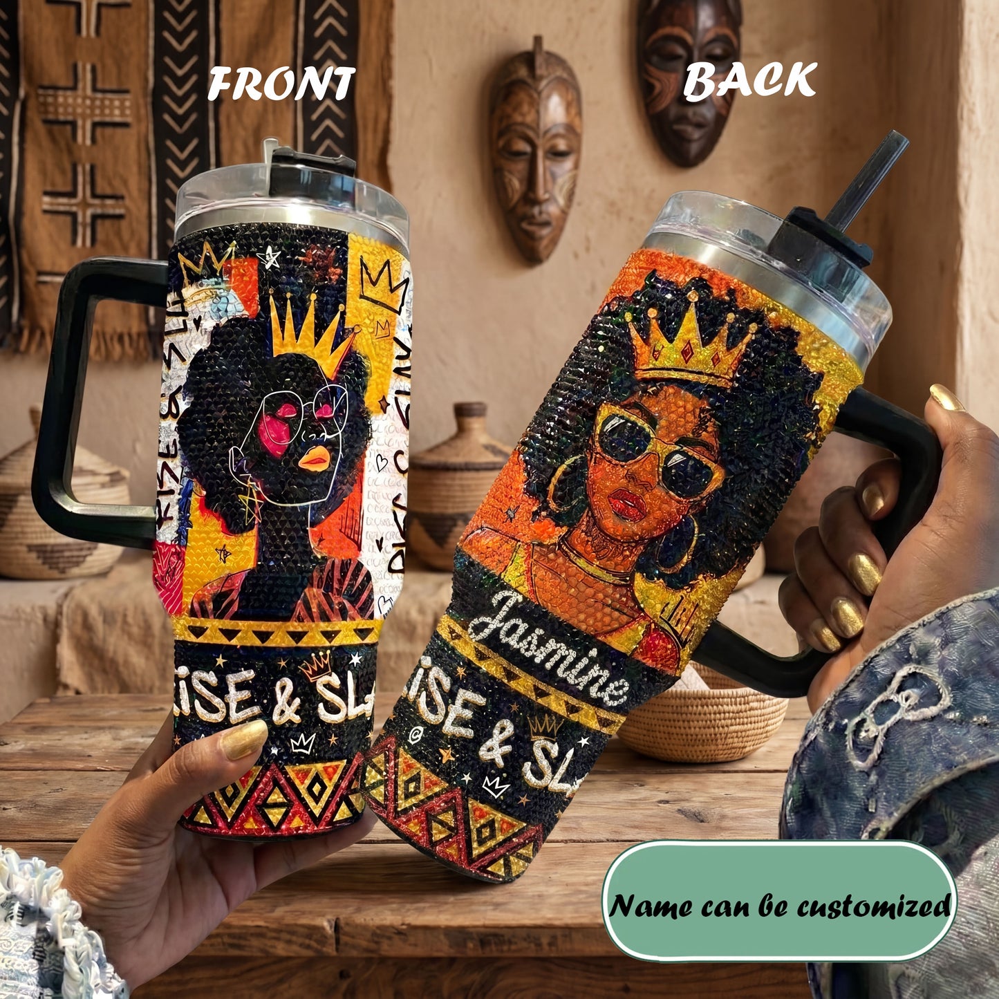 Rise And Slay Personalized Rhinestone Tumbler With Handle