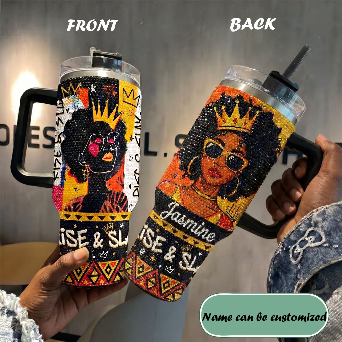 Rise And Slay Personalized Rhinestone Tumbler With Handle