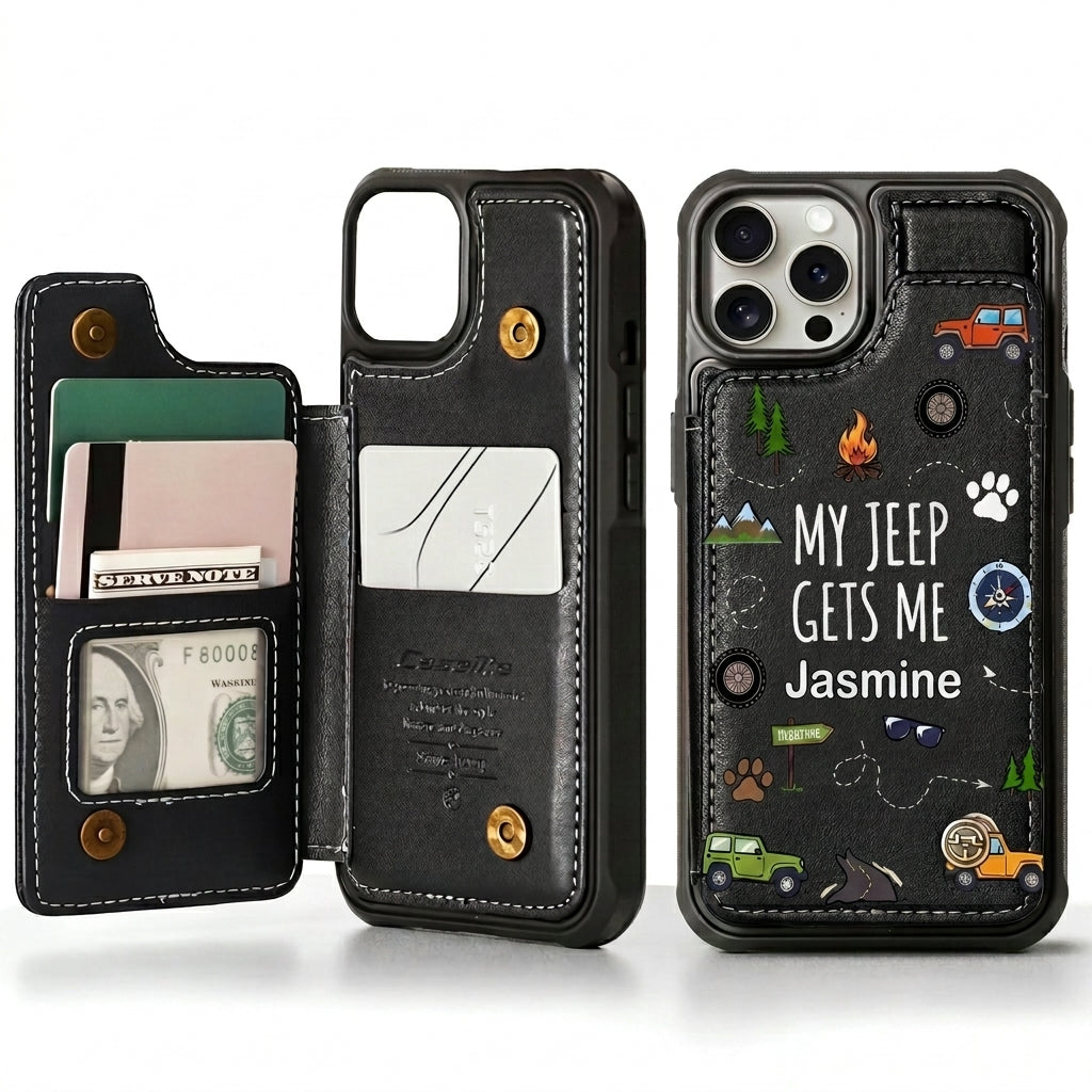 My Jeep Gets Me  Personalized Leather Flip Wallet Phone