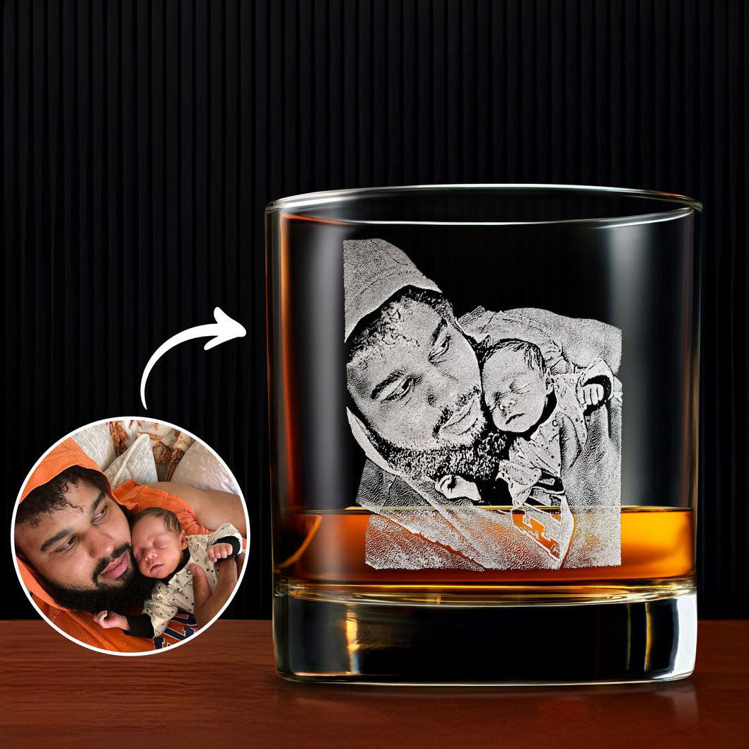 Engraved Whiskey Glass with Custom Photo & Handwriting 11OZ Round Whiskey Glass-Print Side and Bottom